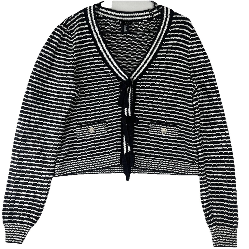 Nicole Miller New York Womens L Striped Knit Cardigan Black White